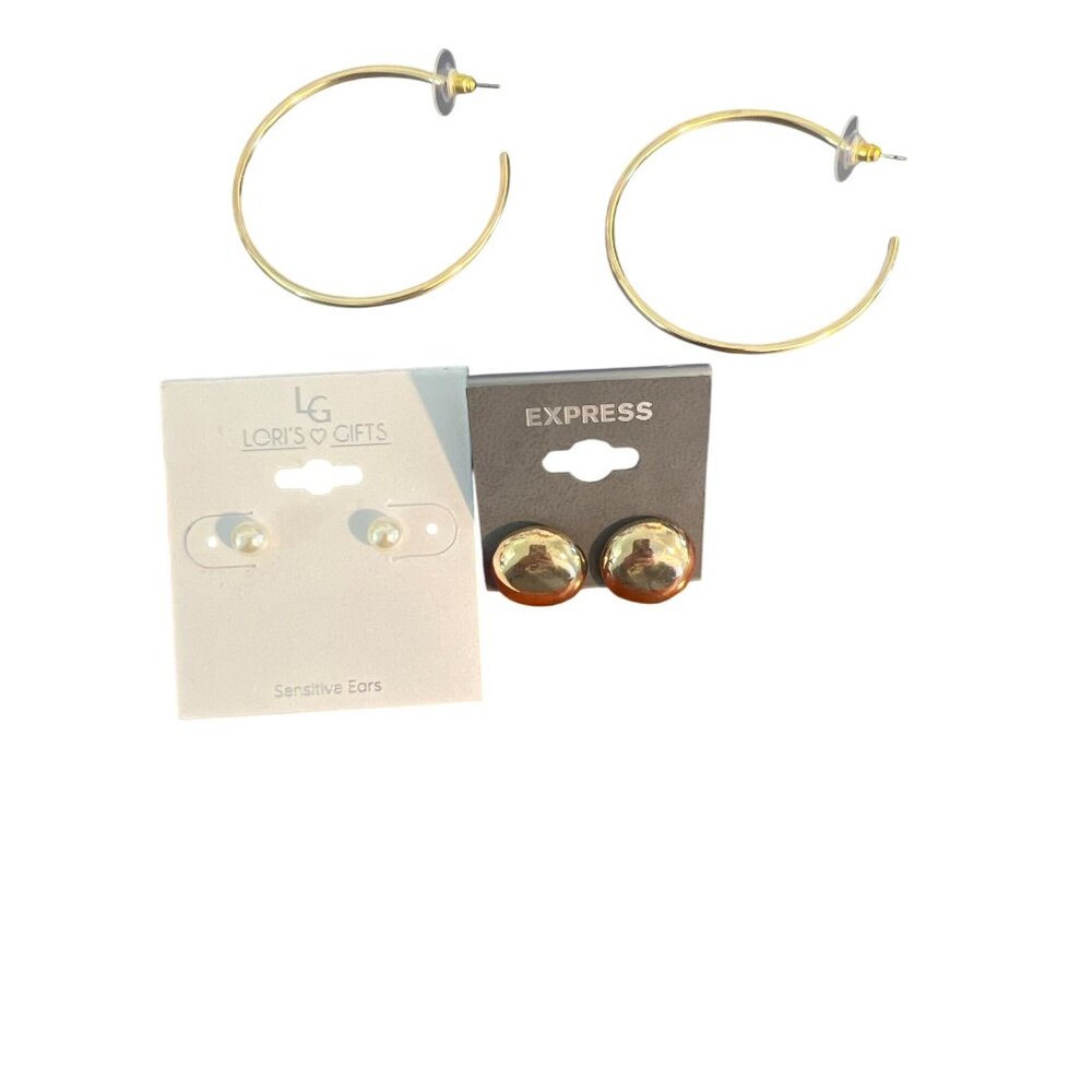 3 New Pair Earrings Lori's Gifts Express Gold Tone Faux Pearl Hoops Pierced